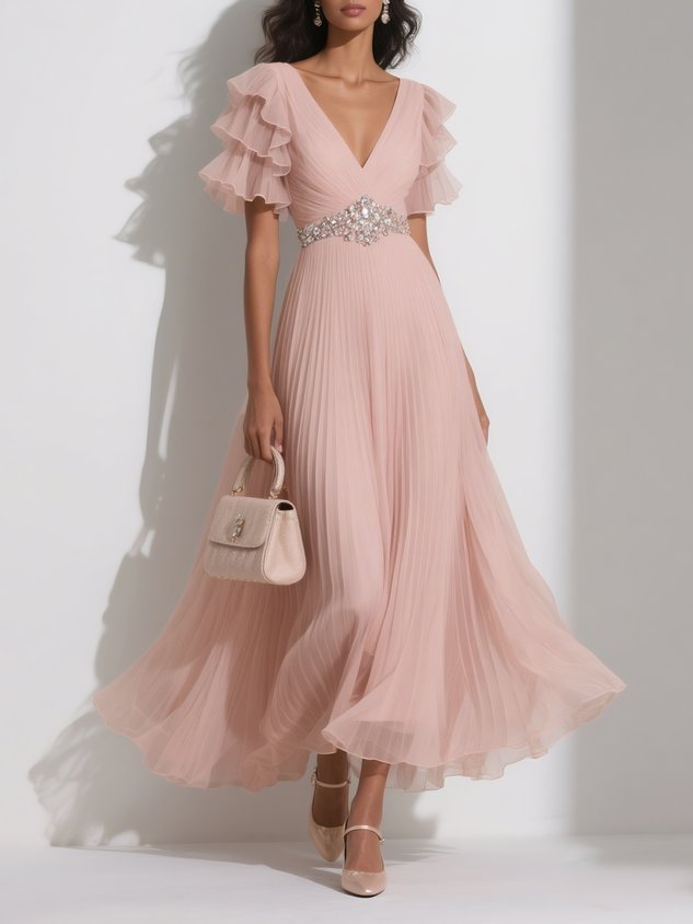 Pink Pleated Rhinestone Chiffon V Neck Short Sleeve Ruffle Sleeve A-Line Maxi Dress