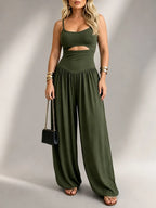 Waist Cutout Tie-Back Flowy Wide Leg Jumpsuit