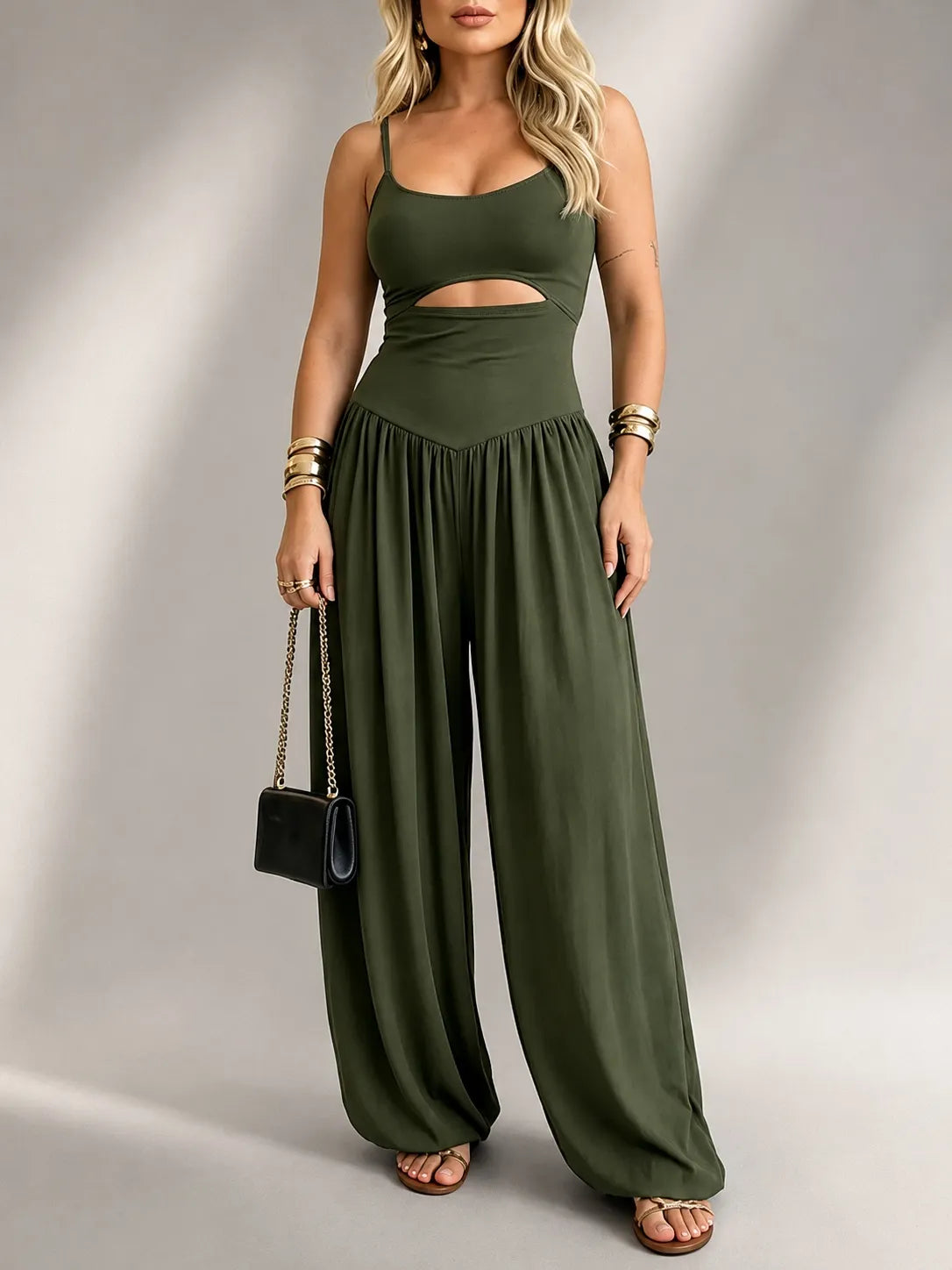 Waist Cutout Tie-Back Flowy Wide Leg Jumpsuit