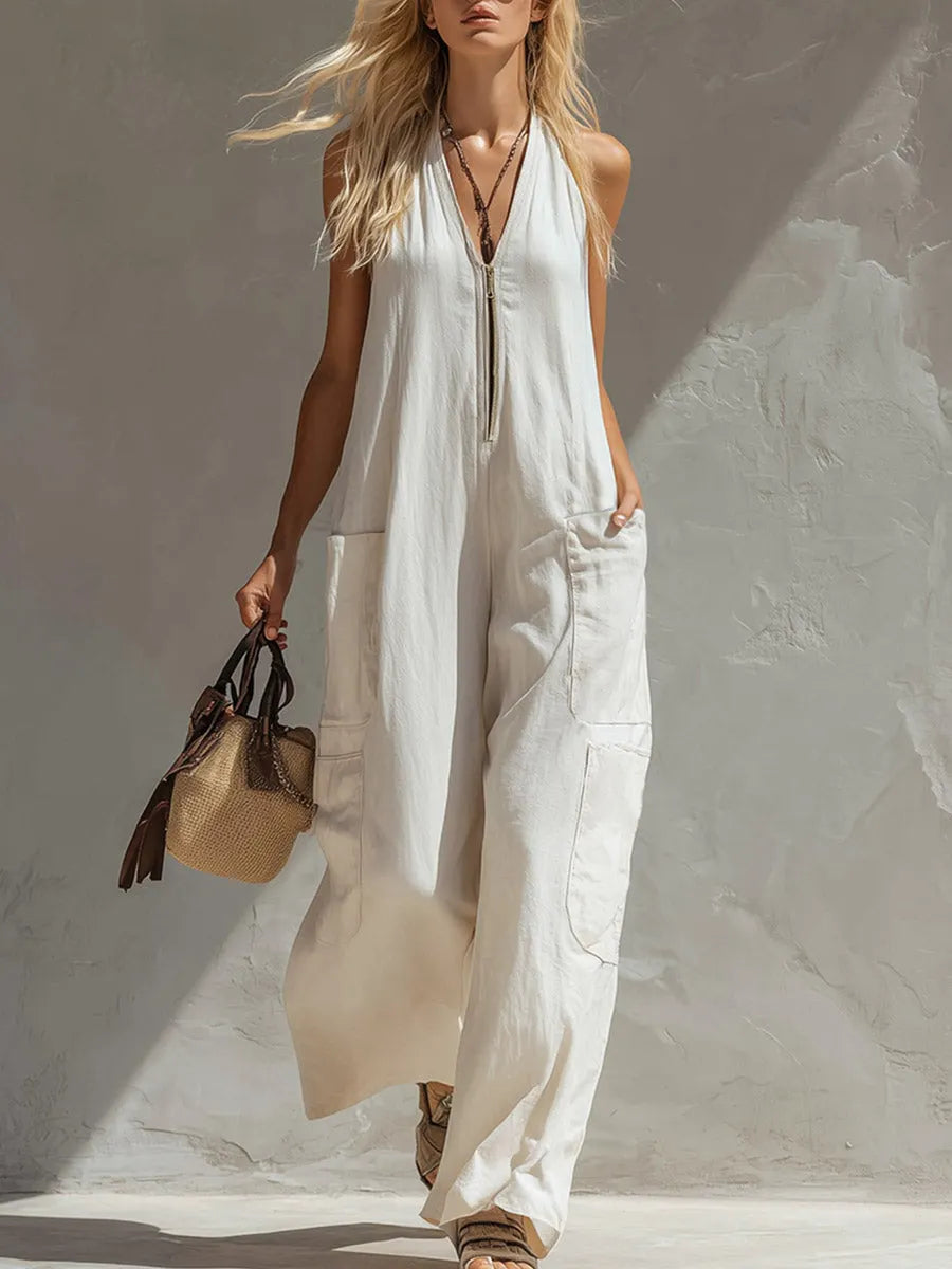 Casual & Simple Off-White Cotton-Linen Sleeveless Multi-Pocket Jumpsuit