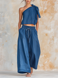 One-Shoulder Bow Tie Tencel Denim Two-Piece Set
