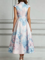 Cheongsam Collar Midi Dress With Watercolor Floral Print