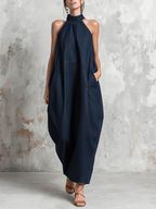 Dark Blue Denim Halter Neck Oversized Maxi Dress