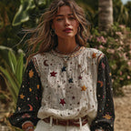Women's Bohemian Style Color-blocked Top With Star And Moon Embroidery