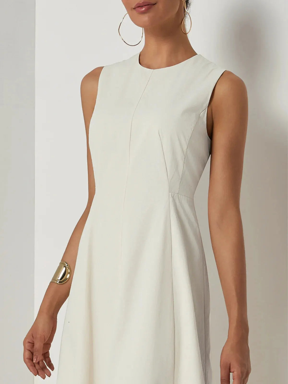 Apricot Lyocell Cotton Crew Neck Sleeveless A-Line Midi Dress