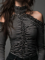 Classic High Neck Striped Cold-Shoulder Ruched Top