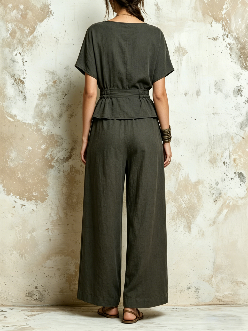 Dark Gray Linen-Blend V-Neck Peplum Top & Wide-Leg Cargo Pants Co-ord Set