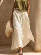 Effortless Boho Olive Button Top & White Maxi Skirt Set