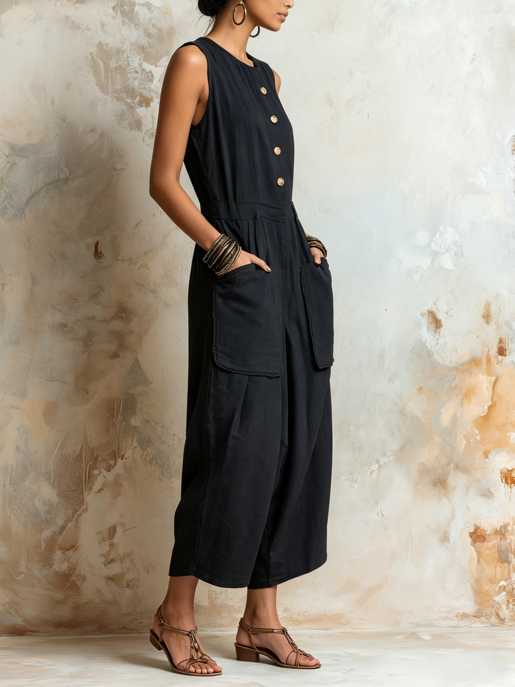 Black Linen-Blend Sleeveless Harem Jumpsuit | Effortless Boho Utility Style