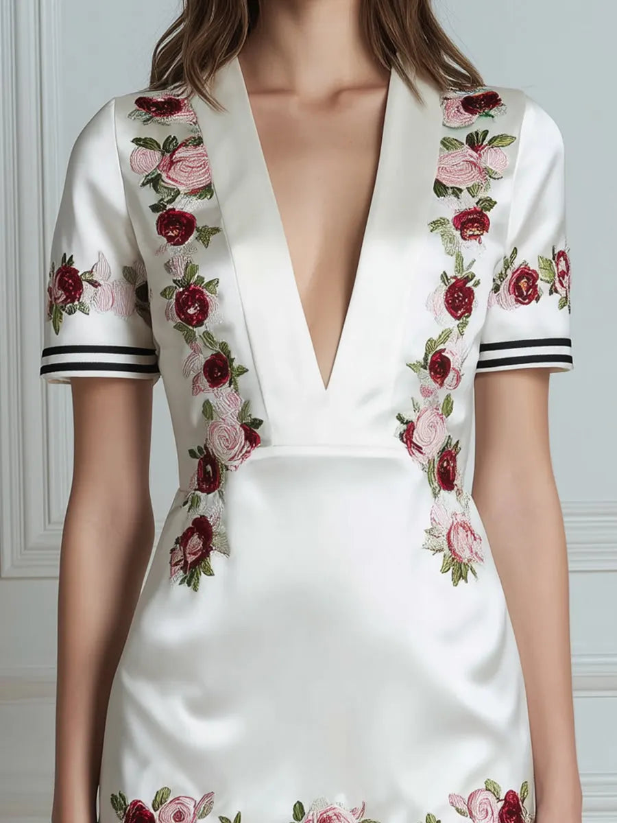 Deep V-Neck Floral Embroidered Contrast Trim Mini Dress