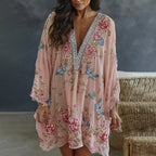 Women's Floral And Butterfly Art Print Flowy Linen Blend Casual Mini Dress