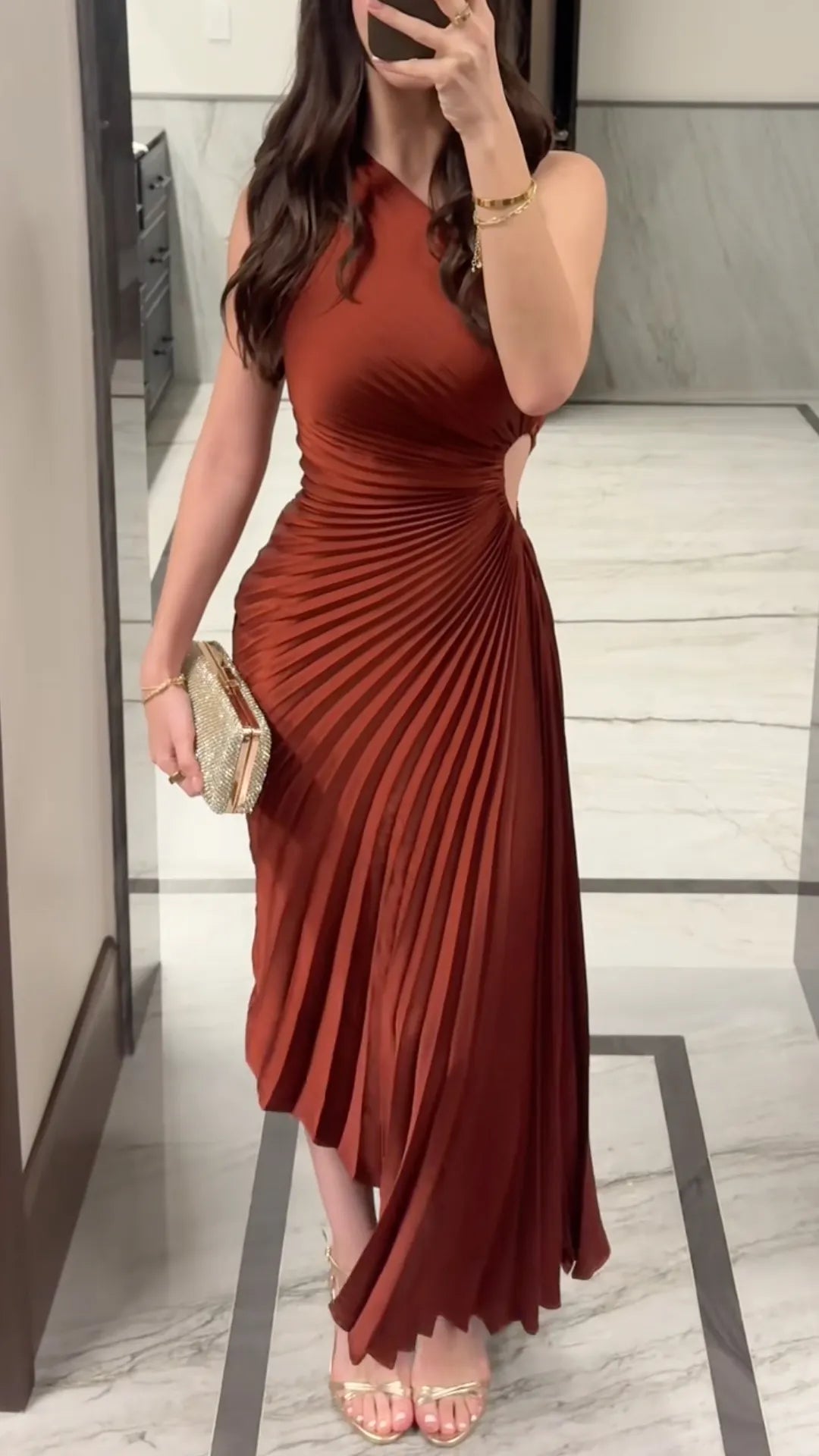 One Shoulder Pleated Cutout Midi Dress
