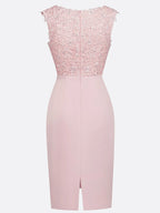 Pink Lace Hotfix Embellished Classic V Neck Sleeveless Sheath Midi Dress