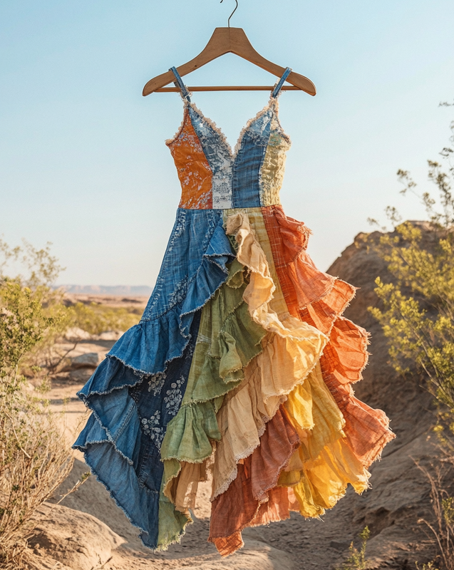 Summer Handmade Lace Denim Patchwork Dress 2baa