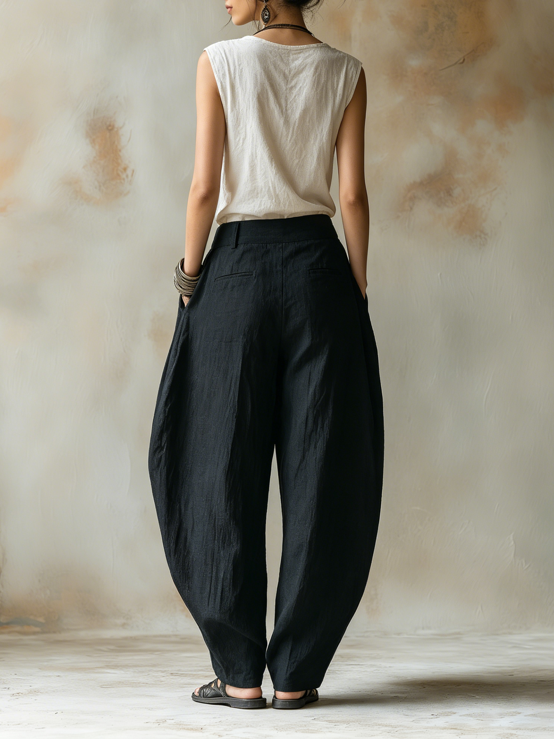Black Linen Harem Pants With Button Detail