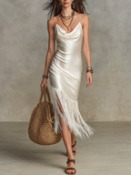 Chic Boho Satin Fringe Hem Slip Midi Dress