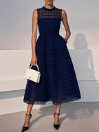 Black Organza Mesh Plaid Classic Crew Neck Sleeveless A-Line Midi Dress