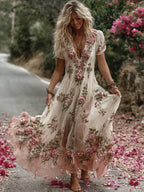 Women's Vintage Floral Embroidery Art Comfy Linen Maxi Dress
