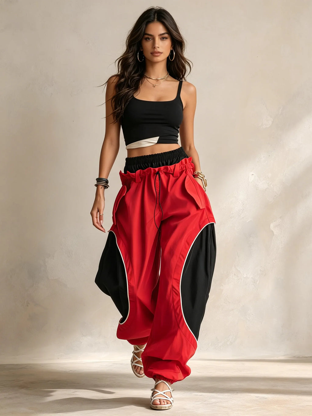 Dual-Waistband Red & Black Colorblock Baggy Cargo Pants