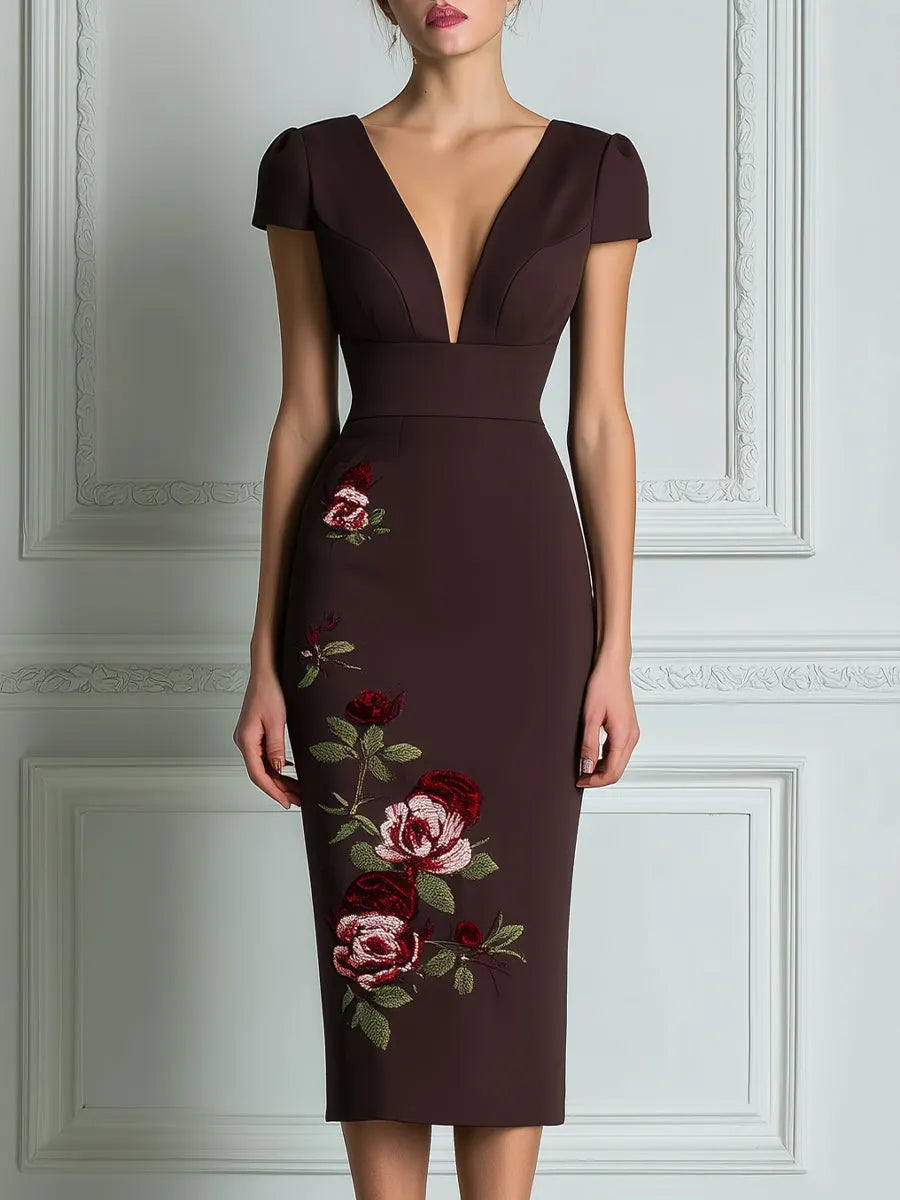 Deep V-Neck Embroidered Rose Fitted Midi Dress