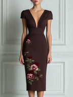 Deep V-Neck Embroidered Rose Fitted Midi Dress
