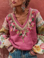 Women's Bohemian Floral Embroidery Patchwork Art V-neck Cozy Knit Sweater