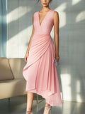 Charming Pink V-neckline Lace and Chiffon Midi Dress