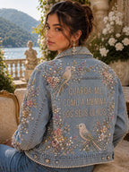 Bird Floral Letter Beaded Denim Jacket