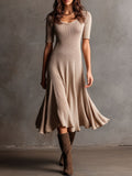 Scoop Neck Light Apricot Ribbed Knit Midi Dress With Flared Hem
