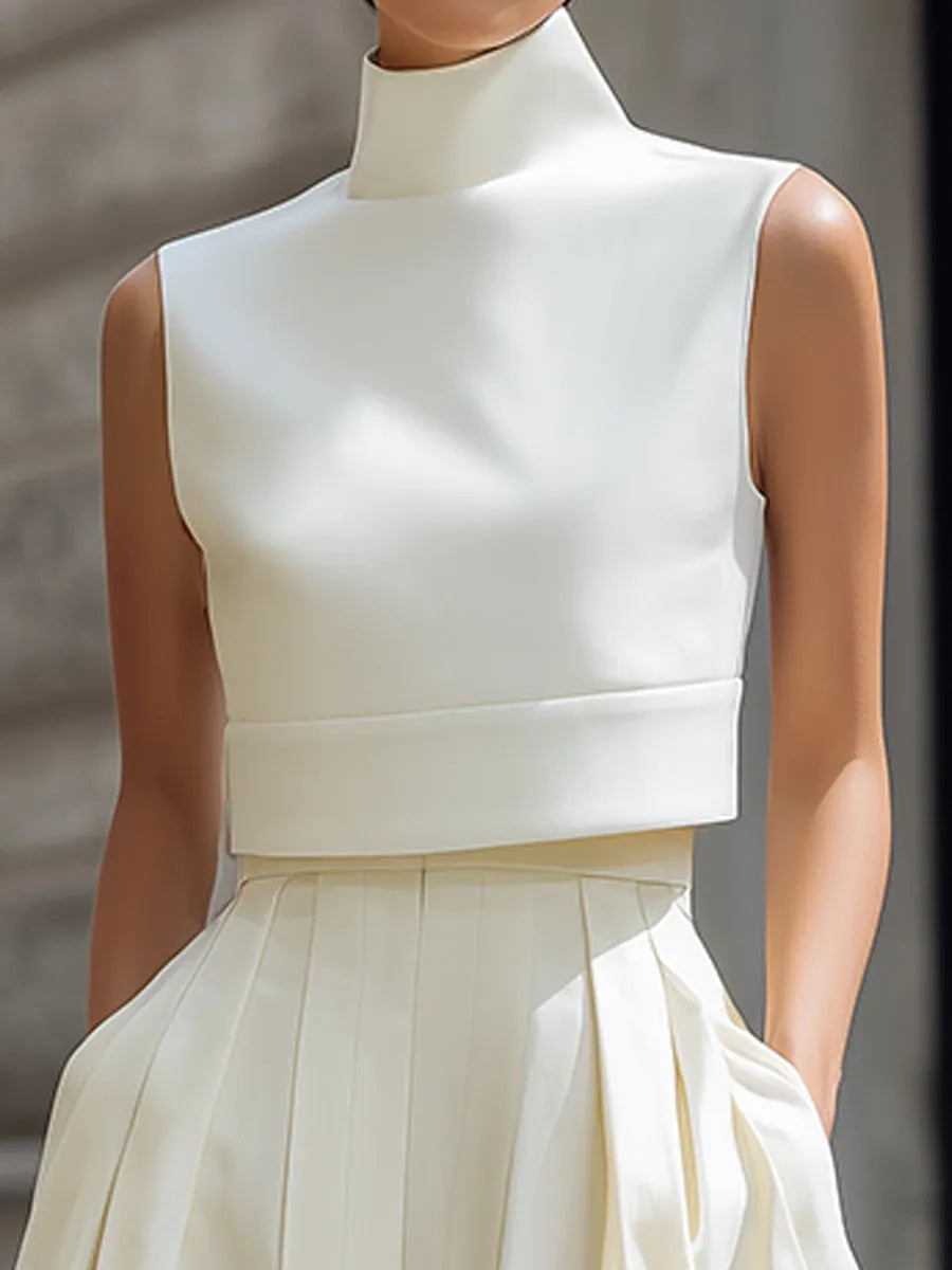 High-Neck Cropped Top And Pleated Wide-Leg Pants Set