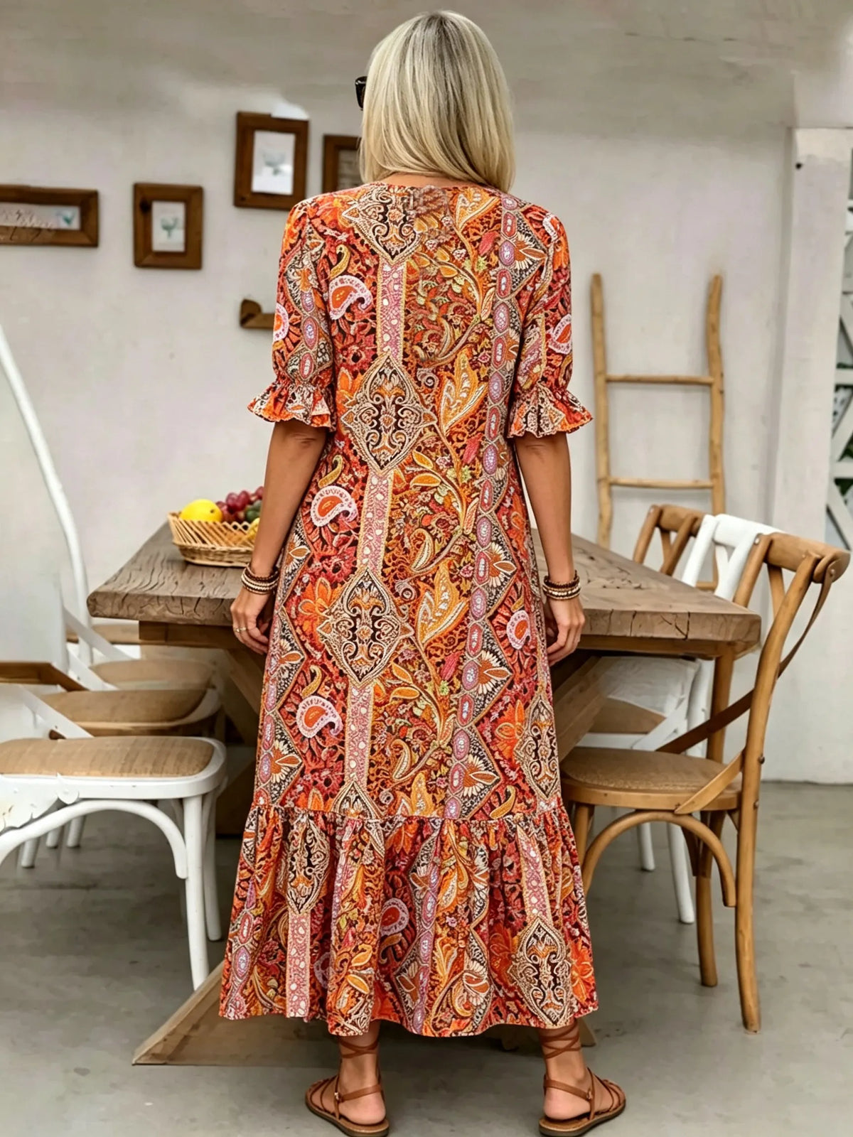 Vacation DRESS Paisley Bohemian Long Length Vintage Print Tassel Tie Neck Tunic Dress - Elegant Vacation Style with Drawstring, Ruffle Hem, and Random Printing
