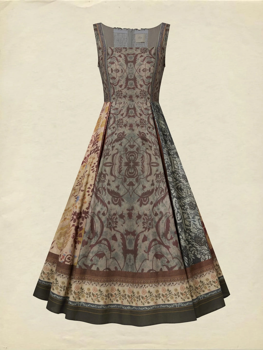 Maxi Cotton Dress, Sleeveless, Square Neck, Paisley, Suspenders, Vacation, Vintage, Brown