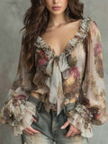 Boho Vintage Floral Tie-Front Chiffon Blouse
