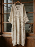 Boho Lace Floral Patchwork Vintage Women's Linen V-neck Long Dress