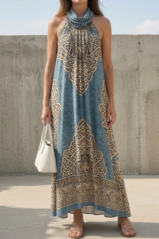 Halter Cowl Neck Boho Print Maxi Dress