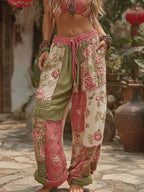 Women's Retro Floral Stitching Casual Pants