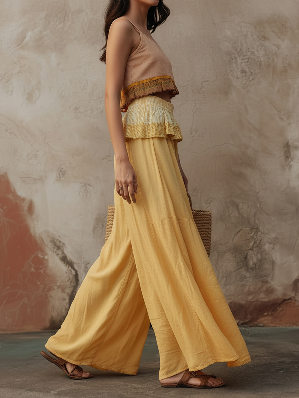 Yellow High Waist Ruffle Trim Wide Leg Pants