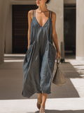 Double Strap V-Neck Chambray Jumpsuit With Pockets