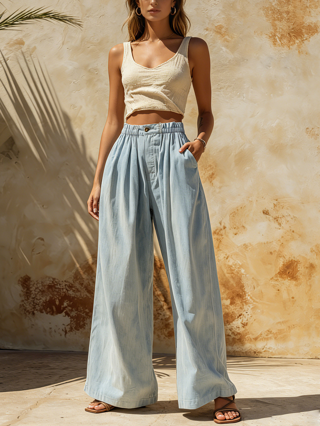 Light Wash Denim High-Waisted Wide-Leg Pants With Elastic Waist