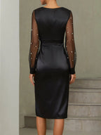 Black Beaded Slit Satin V Neck Long Sleeve Balloon Sleeve Sheath Midi Dress