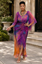 Xpluswear Design Plus Size Cocktail Party Purple Tie Dye Round Neck Flare 3/4 Sleeve Ruched Chiffon Maxi Dresses