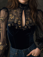 Retro Velvet Embroidered Mesh Stitching Blouse