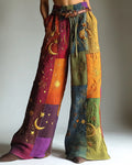 Women's Summer Vacation Star and Moon Embroidered Linen Pants ba42