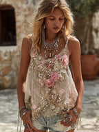 Vintage Boho Roses Embroidered Flowy Cami Top