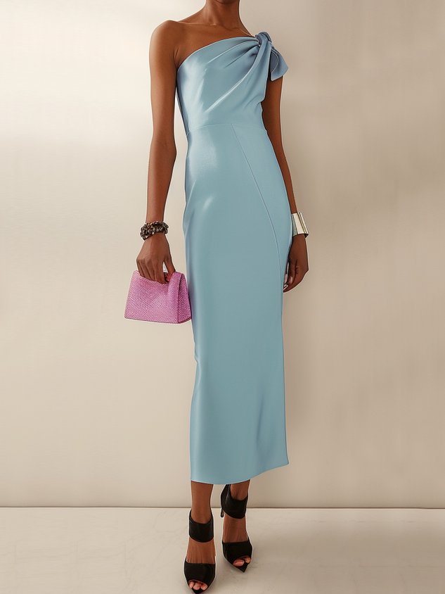 Blue Bow One-Shoulder Sheath Maxi Dress