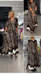 Leopard Print V‑Neck Chiffon Kaftan Dress