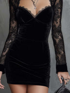 Retro Sweetheart Neckline Lace Long-sleeved Polyester Velvet Mini Dress