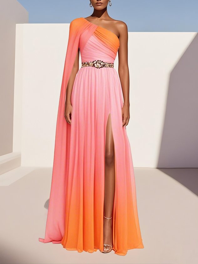 Orange Pink Side-Slit One Shoulder Sleeveless A-Line Gown Chiffon Dress