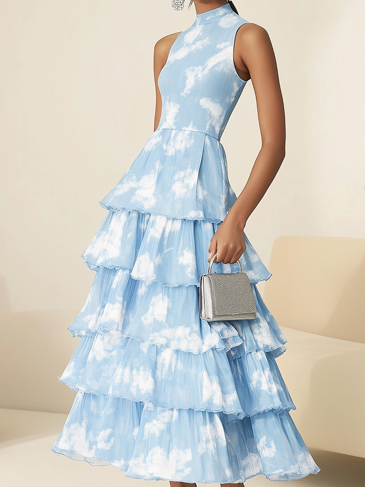 Light Blue Chiffon Printed Tiered Dress