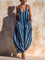 Oversized Striped Sleeveless Jumpsuit With Deep Pockets